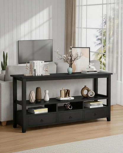 Karl home Console Table with 3 Bottom Drawers, 57.9" W Sofa Side Table Entryway Desk with 3 Storage Cubbies 1 Open Shelf, Vintage TV Stand for Hallway Living Room Office, Black 29.9" H