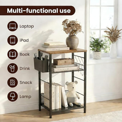 ECOLOVI 3 Tier Printer Stand for Under Desk, Height Adjustable Shelf Small Printer Table with 3 S-Hooks & Basket, Heavy Duty Industrial Storage Shelf for Home Office (Rustic Brown)
