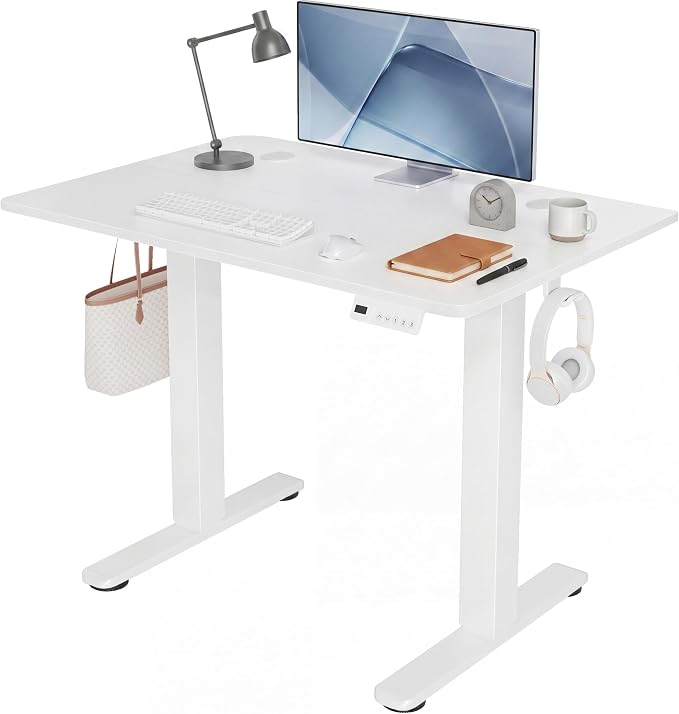 Claiks Electric Standing Desk 35 x 20 Inches, Compact Adjustable Height Motorized Sit Stand Desk with 3 Memory Presets & Cable Management, Space-Saving Computer Workstation for Bedroom, White