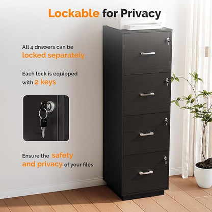 VINGLI 4 Drawer File Cabinet with Lock, Home Office Filing Organizer, for Letter Size File Folder Storage, Wood Tall Vertical Filing Cabinet, Printer Stand, Archivador (Black)