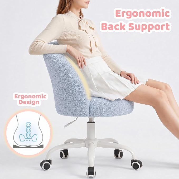 DurayLoly Cute Vanity Chair with Wheels, Ultra-Soft Teddy Fleece Swivel Desk Chair with Adjustable Height for Teens & Adults, Ideal for Bedroom, Vanity Table & Dorm, Poetic Blue