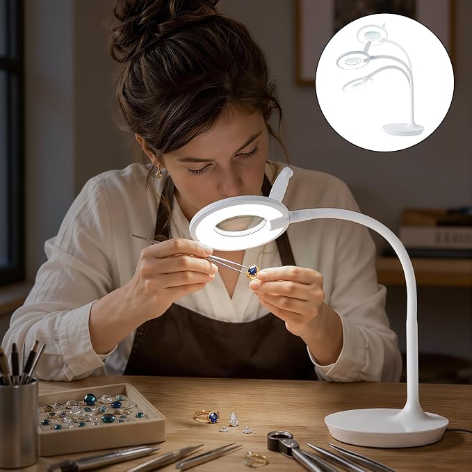 Magnifier Desk Lamp, Flexible Gooseneck, 2-in-1 Magnifying Glass 3X+6X Led Work Light for Elderly Reading, 3 Dimmable Office Magnifying Lamp, Hands Free Mag Desk Lamp for Crafts Sewing Needlepoint