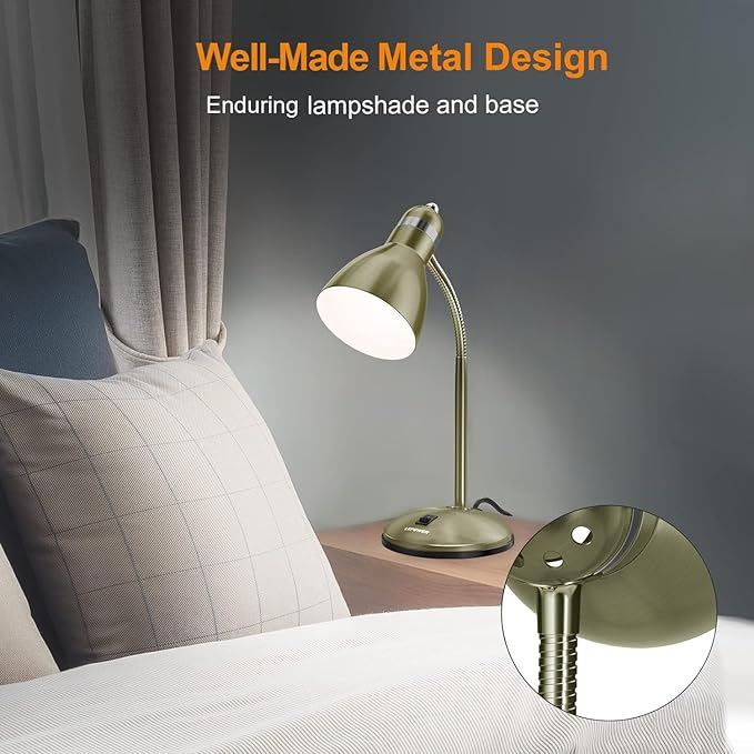 LEPOWER Metal Desk Lamp, Adjustable Goose Neck Table Lamp, Eye-Caring Study Desk Lamps for Bedroom, Study Room and Office (Bronze)
