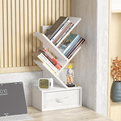 SHEEPAM Small Bookshelf with Drawer,4 Tier Tree Book Shelf,Wood Desk Bookshelves,Modern Free Standing Desktop Display Shelves,White Floor Standing Organizer Bookcase for Living Room,Bedroom,Office