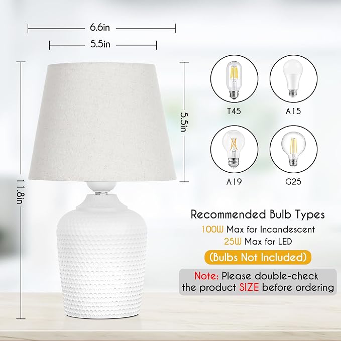 Sucolite Small 11.8'' Table Lamps Set of 2, Bedside Nightstand Lamps for Bedroom Kid’s Room, Cute Desk Lamps with Studded Texture Base for Reading Nursery Living Room Office, White & Beige