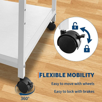 2 Tier Large Printer Stand, 20 Inches Deep Under Desk Printer Table with Height Adjustable Shelf, Rolling Printer Cart with Wheels for Home Office Storage - White