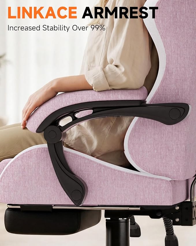 GTPLAYER Gaming Chair with Footrest, Computer Gaming Chair for Adults, Height Adjustable Gamer Chair with 90-155° Recline & Removable Headrest Lumbar Support,Linen Fabric Pink