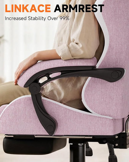 GTPLAYER Gaming Chair with Footrest, Computer Gaming Chair for Adults, Height Adjustable Gamer Chair with 90-155° Recline & Removable Headrest Lumbar Support,Linen Fabric Pink