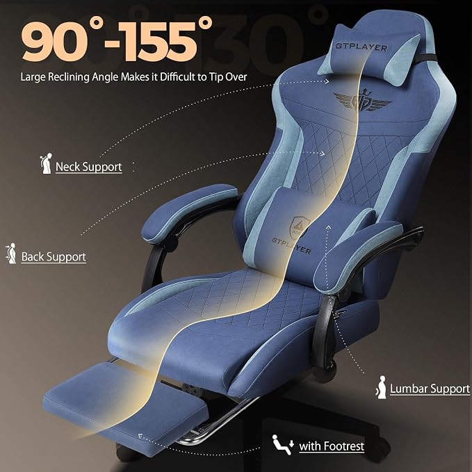 GTPLAYER Gaming Chair with Footrest, Big and Tall Game Chair High Back Computer Office Chair with Lumbar Support for Adults, Ergonomic Swivel Games Chair with Cushion Gaming, Fabric Blue