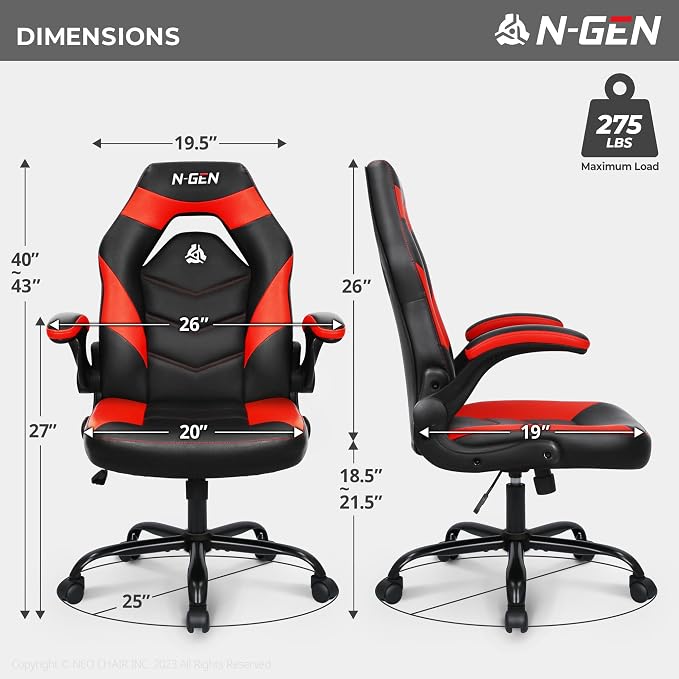 N-GEN Video Gaming Chair Ergonomic Computer Desk Office Chair with Lumbar Support Adjustable Height Swivel Wheels Flip-Up Arms PU Leather Home and Office (Classic Red)