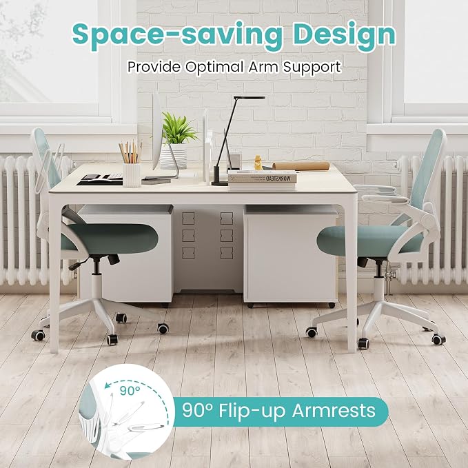 COSTWAY Office Chair, Comfy Swivel Rolling Desk Chair with Adjustable Height & Flip-Up Armrests, Ergonomic Mesh Computer Chairs with Lumbar Support for Working & Gaming (Blue)