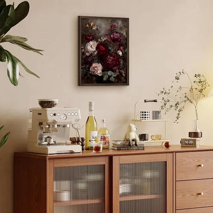 Framed Vintage Dark Floral Wall Art, Moody Burgundy Peony Canvas Wall Decor Picture, Retro Rustic Botanical Still Life Painting for Living Room Bedroom Bathroom 8X10 Inch