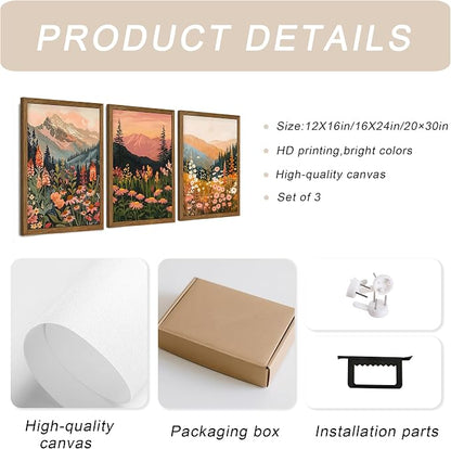 WRFON Botanical and Flower Canvas Wall Art, Framed Mountain Landscape Wall Art Set of 3, Wildflower Meadow Canvas Print, Rustic Nature Decor for Living Room Bedroom Cabin Lodge Farmhouse Decor, 16x24