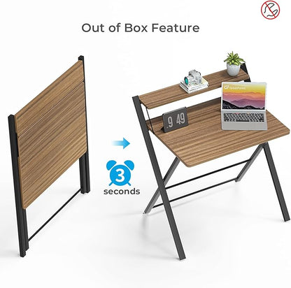 GreenForest No Assembly Folding Desk, 2-Tier Compact Computer Desk with Shelf, Space Saving Foldable Table for Home Office, Dorm or Apartment, Portable Collapsible Sturdy Laptop Desk, Espresso