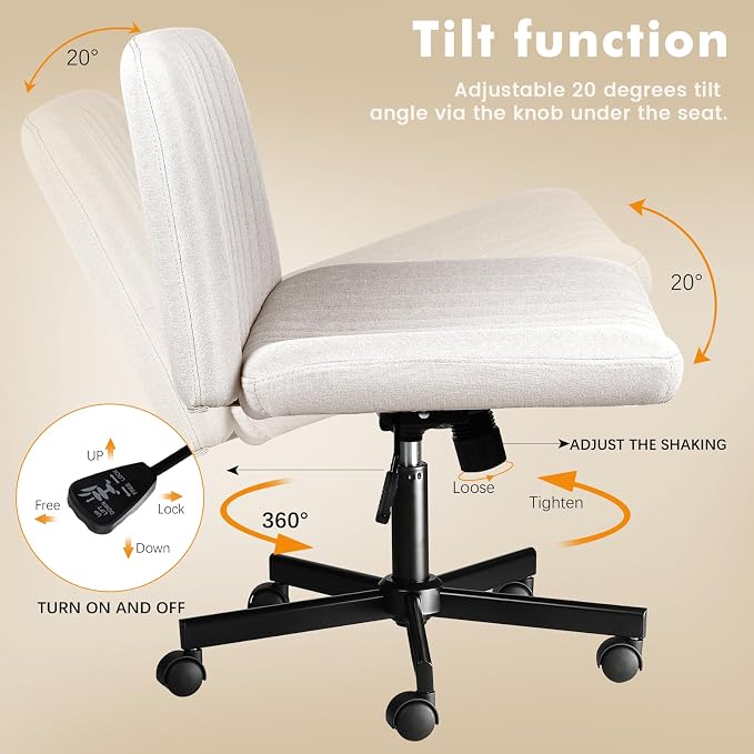 LEMBERI Criss Corss Chair with Wheels, Armless Wide Cross Legged Office Desk Chairs, Fabric Rocking Swivel Computer Task Vanity Makeup Chair for Home Office
