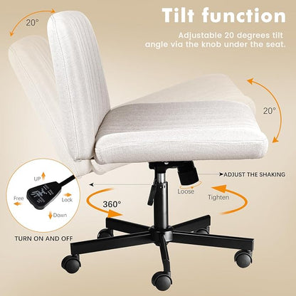 LEMBERI Criss Corss Chair with Wheels, Armless Wide Cross Legged Office Desk Chairs, Fabric Rocking Swivel Computer Task Vanity Makeup Chair for Home Office