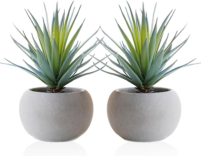 Jahe Agave Artificial Plants, Matte Pot Mini Artificial Plants Indoor, 8.07 in Faux Agave Plant UV Resistant Gray Cement Pot, Perfect for Bathroom Living Room Study Desk Decor, Ideal as a Gift, 2 Pcs