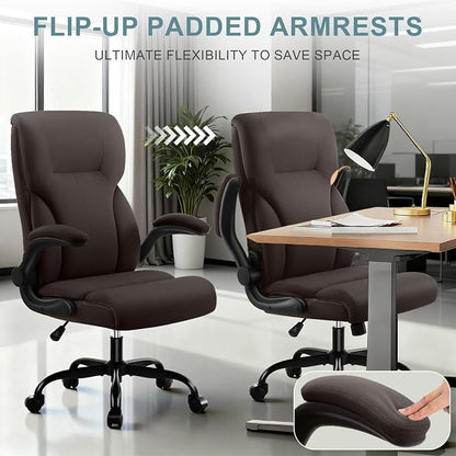 Executive Office Chair,High Back Ergonomic Comfy Desk Chair with Padded Flip-up Armrests,PU Leather Heavy Duty Computer Swivel Rolling Task Chair for Home Office,Adults,Dark Brown