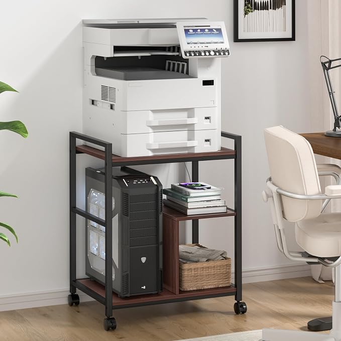 Lerliuo 24" Wide Large Printer Stand with Storage, Printer Table for Home Office with Charging Station, Rolling Industrial Mobile Printer Cart with Lockable Wheels, Computer Tower Stand, Walnut