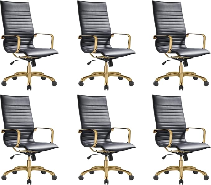 LeisureMod Harris High-Back Task Office Chair - Modern Leather Upholstery with Gold Frame, Ribbed Design 360 Degree Adjustable Swivel for Home, Office, and Study Room