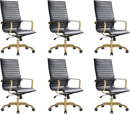 LeisureMod Harris High-Back Task Office Chair - Modern Leather Upholstery with Gold Frame, Ribbed Design 360 Degree Adjustable Swivel for Home, Office, and Study Room