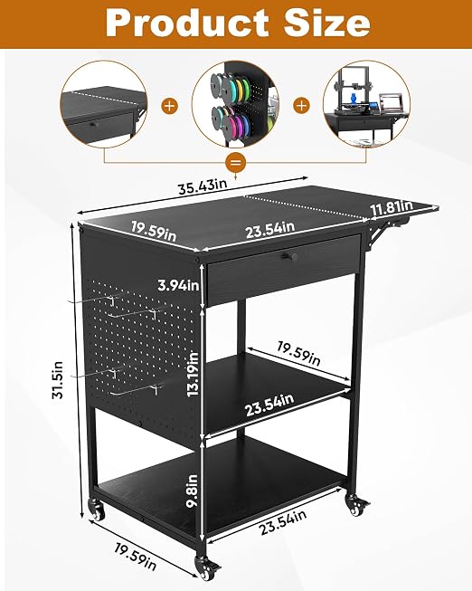Baoz 3D Printer Stand with 40pcs Filament Storage,4 Tier 3D Printer Table Printer Stand with Wheels, Heavy Duty Filament Storage Rack with Drawers and Spool Hooks for Studio, Home Office