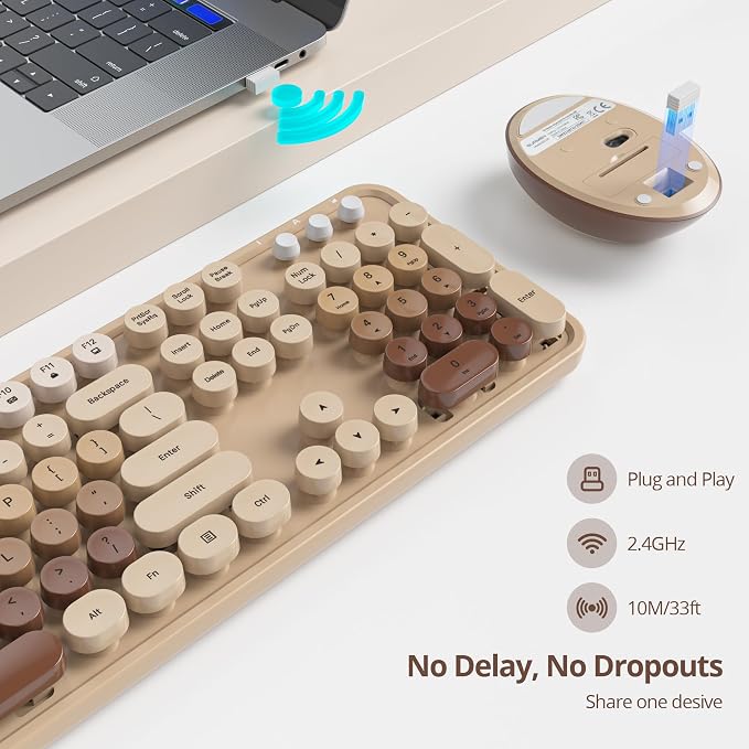 Wireless Keyboard and Mouse Set, Retro Typewriter Keyboard, 2.4GHz Full Size 104-Key Cute Keyboard with Number Pad, Colorful Keyboard with Round Keycaps for Windows PC Laptop(Coffee)