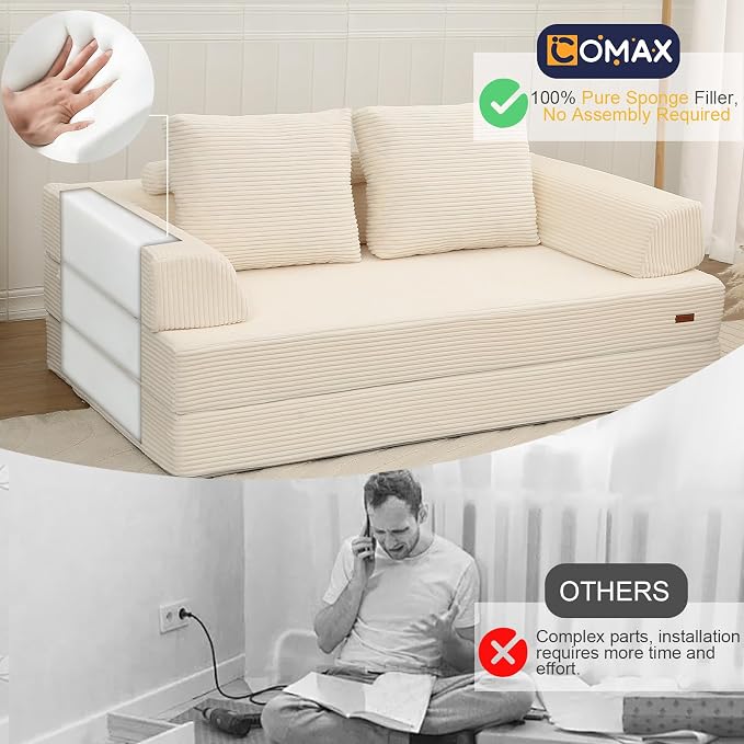 COMAX Futon Sofa Bed, Convertible Folding Sofa Bed, Boneless Couch Loveseat Corduroy with Pillows, Small Foldable Floor Couch Comfy Lounge Sleeper for Living Room Bedroom, Beige