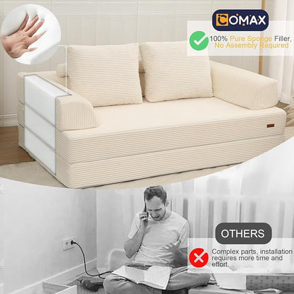COMAX Futon Sofa Bed, Convertible Folding Sofa Bed, Boneless Couch Loveseat Corduroy with Pillows, Small Foldable Floor Couch Comfy Lounge Sleeper for Living Room Bedroom, Beige