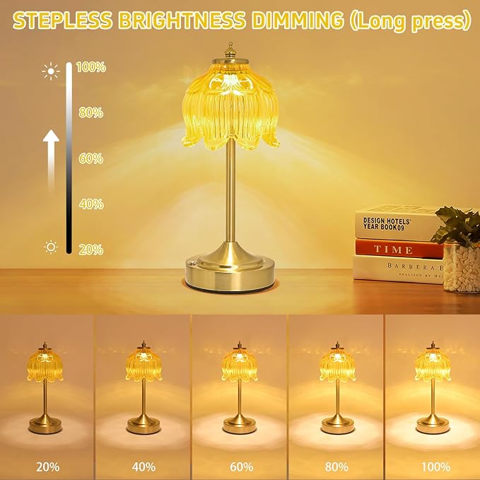 Cordless Lotus Flower Table Lamp, 5200mAh Rechargeable Battery Operated Portable Lamp, 3-Color Dimmable Touch Control Small Desk Lamp for Bedroom, Office, Kitchen, Nightstand,Room Decor (Yellow)