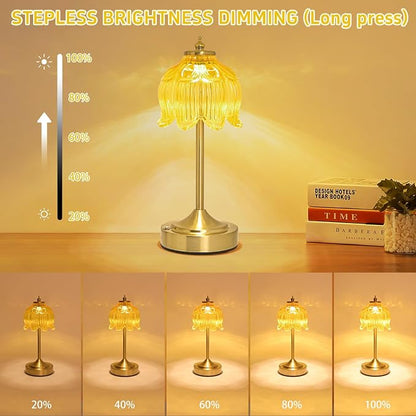 Cordless Lotus Flower Table Lamp, 5200mAh Rechargeable Battery Operated Portable Lamp, 3-Color Dimmable Touch Control Small Desk Lamp for Bedroom, Office, Kitchen, Nightstand,Room Decor (Yellow)