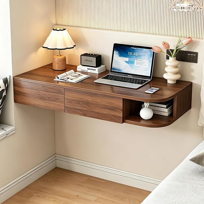 Corner Floating Desk with Drawer, Wall Mounted Desk with Open Shelving, Floating Makeup Vanity with Storage, Scratch-Resistant, Space Saving, for Bedroom Living Room Small Spaces Apartment