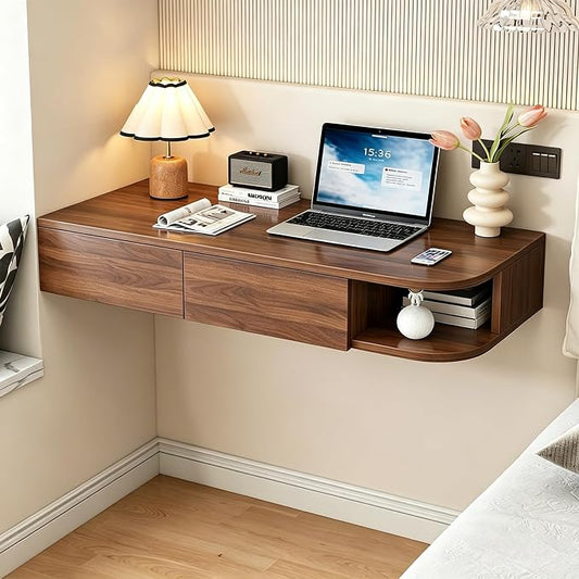 Corner Floating Desk with Drawer, Wall Mounted Desk with Open Shelving, Floating Makeup Vanity with Storage, Scratch-Resistant, Space Saving, for Bedroom Living Room Small Spaces Apartment