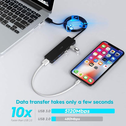Aceele USB Hub 3.0 Splitter with 4ft Extension Long Cable Cord, 4-Port Ultra-Slim Multiport Expander for Desktop Computer PC, Laptop, Chromebook, Mac mini, iMac, PS4, Flash Drive Data and More