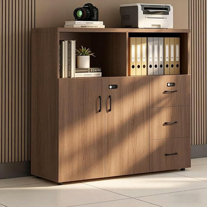 File Cabinet with Password Lock, Wood Lateral Filing Cabinet for Letter/A4 Files, 3 Drawer with Door, Printer Stand with Open Shelves for Home Office