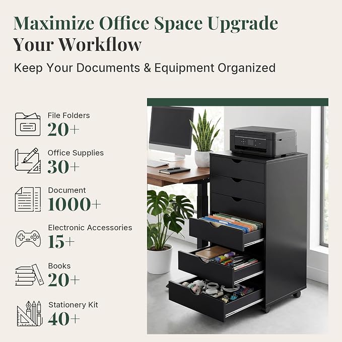 Mobile File Cabinet Under Desk, 7 Drawer Storage Organization with Wheels, Vertical Filing Chest Rolling Wood Small Desk Printer Stand for Home Office, 15.75" D x 18.74" W x 34.25" H