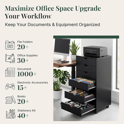 Mobile File Cabinet Under Desk, 7 Drawer Storage Organization with Wheels, Vertical Filing Chest Rolling Wood Small Desk Printer Stand for Home Office, 15.75" D x 18.74" W x 34.25" H