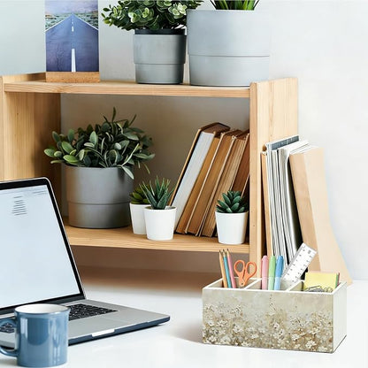 Dark white Floral Pen Pencil Holder for Desk, Academia Cottagecore Botanical Flower Wooden Box Sign Organizer for Home Room Office Bedroom Desk Accessories Tabletop Decorations