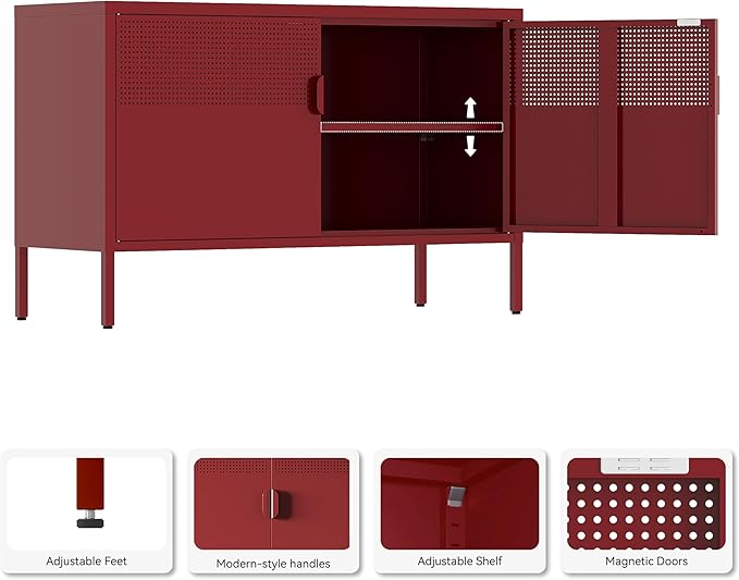 Metal Storage Cabinet,2 Door TV Stand, Metal Mesh Accent Cabinet,Magnetic Door Closure,Low Storage Cabinets with Doors and Shelves