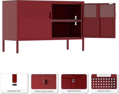 Metal Storage Cabinet,2 Door TV Stand, Metal Mesh Accent Cabinet,Magnetic Door Closure,Low Storage Cabinets with Doors and Shelves
