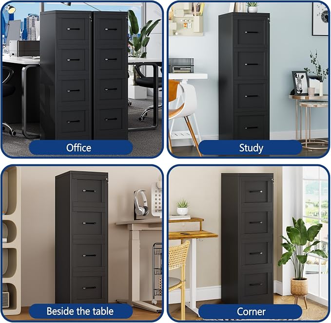 Ckzbx 4 Drawer File Cabinet with Lock, Narrow Vertical Filing Cabinet, Under Desk File Cabinets,Black Metal File Cabinets for Home Office,Fit Letter/A4/Legal Size File