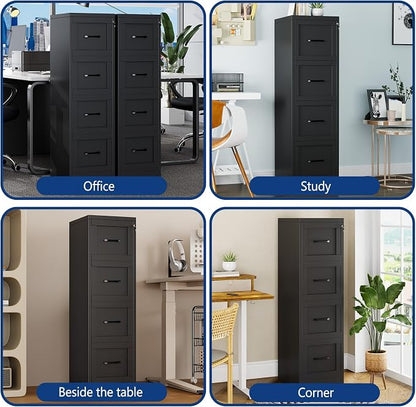 Ckzbx 4 Drawer File Cabinet with Lock, Narrow Vertical Filing Cabinet, Under Desk File Cabinets,Black Metal File Cabinets for Home Office,Fit Letter/A4/Legal Size File