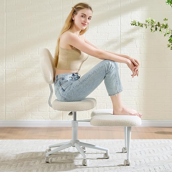 Pinmoco Cross Legged Office Chair with Wheels, Meditation Chair, ADHD Chair for Adults, Wider Height Adjustable Backrest and Seat, Yoga Office Chair, Teddy Fabric, Off White