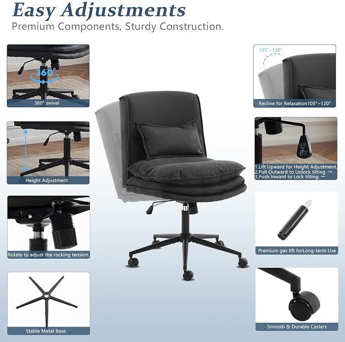 VINGLI Cloud Criss Cross Legged Chair,18" High Back Armless Home Office Desk Chair with Wheels,Wide Adjustable Comfy Padded Seat Task Computer Chair,Modern Swivel Makeup Vanity Chair,Microfiber,Black