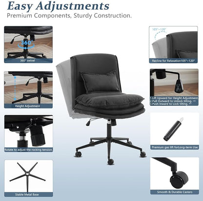 VINGLI Cloud Criss Cross Legged Chair,18" High Back Armless Home Office Desk Chair with Wheels,Wide Adjustable Comfy Padded Seat Task Computer Chair,Modern Swivel Makeup Vanity Chair,Microfiber,Black