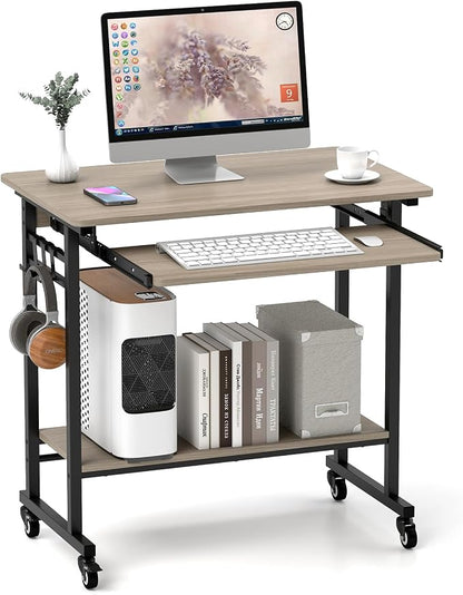 Tangkula Rolling Computer Desk Cart with Keyboard Tray, Mobile Portable Laptop PC Desk with CPU Stand & 3 Hooks for Sofa & Bed, Compact Small Desk on Wheels for Small Spaces (Grey)