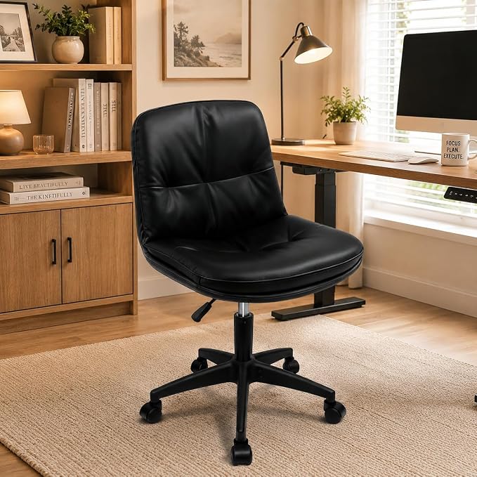 Vanity Chair with Back, PU Leather Swivel Office Desk Chair, Height Adjustable Armless Chair for Small Spaces, Bedroom, Vanity, Home Office Black