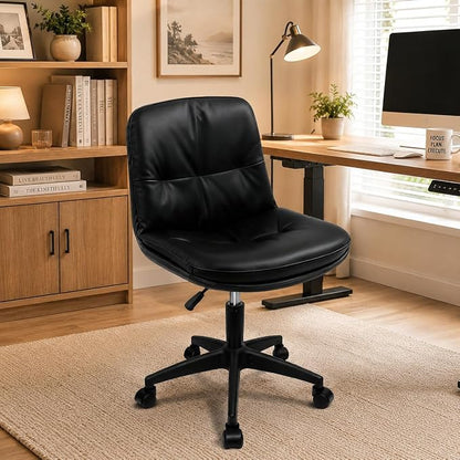 Vanity Chair with Back, PU Leather Swivel Office Desk Chair, Height Adjustable Armless Chair for Small Spaces, Bedroom, Vanity, Home Office Black