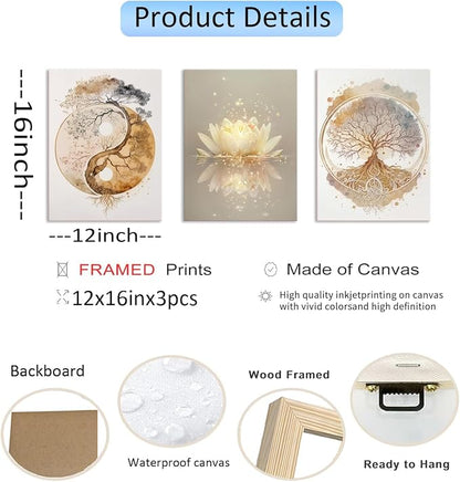 Tree of Life Wall Art Canvas Framed Set of 3 Lotus Zen Wall Decor Painting Poster Abstract YinYang Fall Art Picture Print Artwork for Living Room Yoga Room Bedroom Home Decoration 12x16 inch