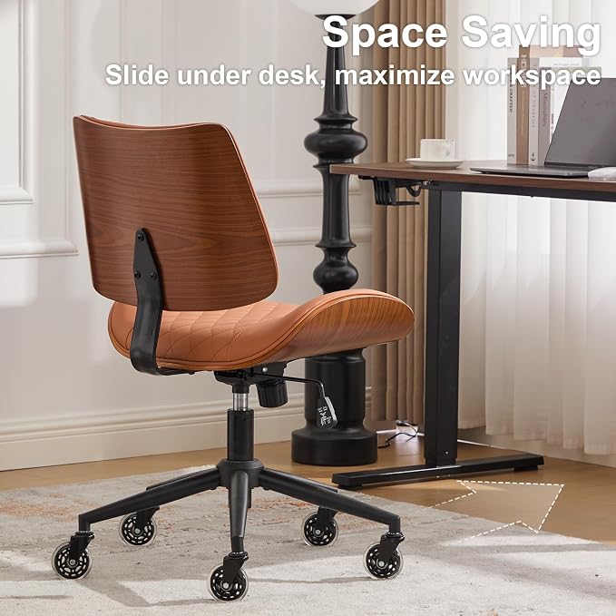 Armless Office Chair with Wheels, Ergonomic Leather Chair, Mid Back 360 Swivel Computer Chair, Modern Walnut Desk Chair for Small Space, Reading, Meeting Room, Brown, Faux Leather